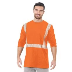 Bayside Hi-Vis 100% 6.1 Oz. Cotton Long Sleeve Pocket Crew Tee Segmented Striping